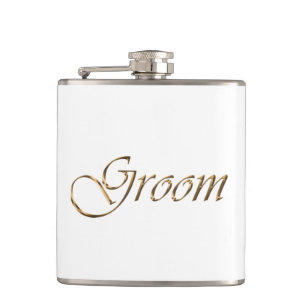 Groom, gold script elegant chic white flask