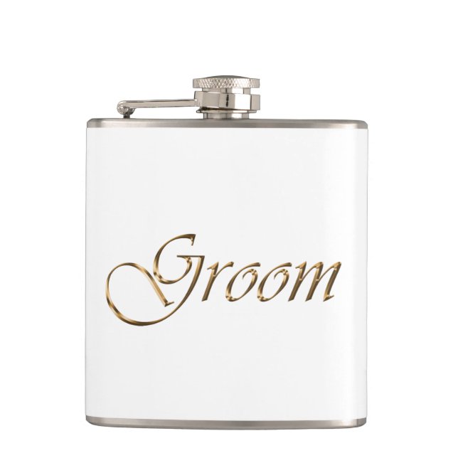 Groom, gold script elegant chic white  flask (Front)