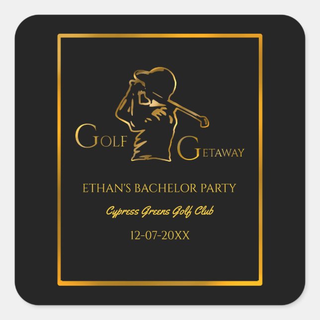 Groom Golfer Bachelor Party Luxury Gold Square Sticker (Front)