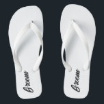 Groom, groom themed white thongs/ flip flops<br><div class="desc">Special Groom themed flip flops for the groom. Perfect for a beach or casual wedding or bucks night wear. Flip flops are available with a variety of different soles and strap colors. This print is available on other items in our store. Groom | Groom Themed | Casual Wedding | Beach...</div>