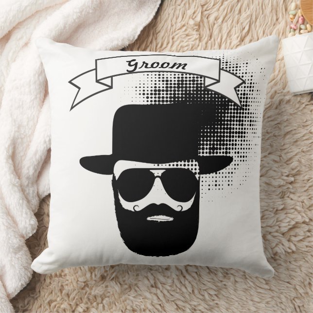 Groom Hip Glasses Groovy Hat Handlebar Mustache Throw Pillow (Blanket)