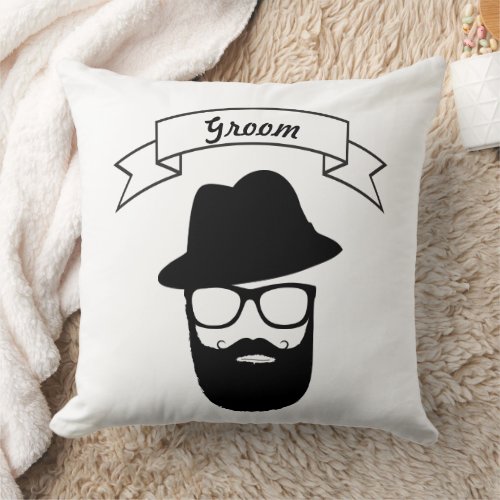 Groom Hipster Glasses Hat Handlebar Mustache Beard Throw Pillow