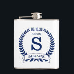 Groom Initial Flask<br><div class="desc">This 6 oz. flasks is perfect for the groom. It is traditional yet modern with a blue laurel wreath and banner with the wedding date, title/job and first initial and first name all in blue. It'd be great for a bachelor party or weekend. Get one for everybody in the bridal...</div>
