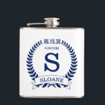 Groom Initial Flask<br><div class="desc">This 6 oz. flasks is perfect for the groom. It is traditional yet modern with a blue laurel wreath and banner with the wedding date, title/job and first initial and first name all in blue. It'd be great for a bachelor party or weekend. Get one for everybody in the bridal...</div>