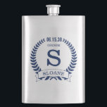Groom Initial Flask<br><div class="desc">This 8 oz. metal flask is perfect for the groom. It is traditional yet modern with a blue laurel wreath and banner with the wedding date, title/job and first initial and first name all in blue. They'd be great for a bachelor party or weekend. Get one for everybody in the...</div>