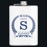 Groom Initial Flask<br><div class="desc">These 8 oz. flasks is perfect for the groom. It is traditional yet modern with a blue laurel wreath and banner with the wedding date, title/job and first initial and first name all in blue. They'd be great for a bachelor party or weekend. Get one for everybody in the bridal...</div>