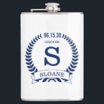 Groom Initial Flask<br><div class="desc">These 8 oz. flasks is perfect for the groom. It is traditional yet modern with a blue laurel wreath and banner with the wedding date, title/job and first initial and first name all in blue. They'd be great for a bachelor party or weekend. Get one for everybody in the bridal...</div>