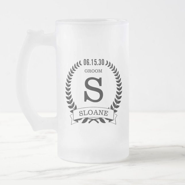Groom Initial Frosted Glass Beer Mug (Left)