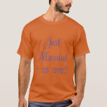 Groom Just Married  T-Shirt<br><div class="desc">Basic Classic T Shirt in Texas Orange Color printed with Just Married in Navy Blue text typography lettering and digital graphic design by TheFabricSeal print on demand shop at Zazzle.com #ZazzleMade https://www.zazzle.com/store/thefabricseal TheFabricSeal©️Original.  Click the "Customize It" button to make it your own personalized or monogrammed product. Easily personalize this product...</div>