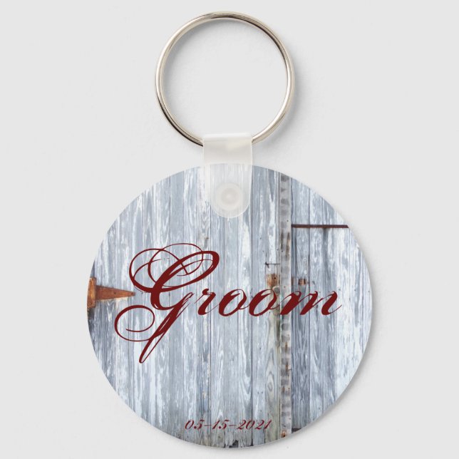 Groom Key Chain White Wash Wood Barn Door Country (Front)