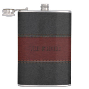Groom Masculine Red & Black Leather Texture Flask