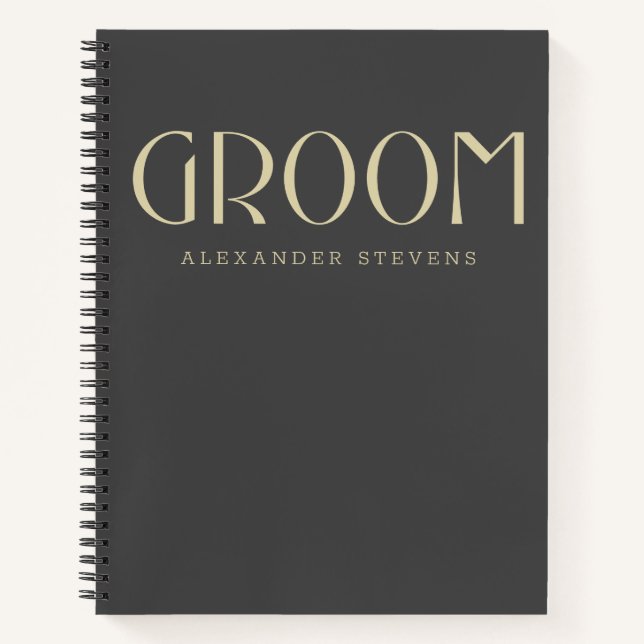 Groom Modern Black Gold Typography Name Wedding Notebook (Front)