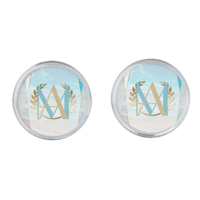 Groom | Modern Monogram Geometric Beach Wedding Cufflinks (Front)