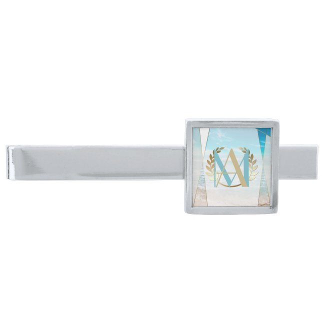 Groom  | Modern Monogram Geometric Beach Wedding Silver Finish Tie Bar (Front)