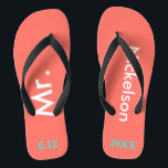 Groom Mr. Coral Flip Flops<br><div class="desc">Bright coral with Mr. and Last Name written in white text and date of wedding in turquoise blue to personalize with black accents.  Beach destination or honeymoon flip flops for the new groom.  Original designs by TamiraZDesigns.</div>