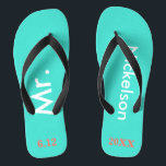Groom Mr. Turquoise Blue Flip Flops<br><div class="desc">Bright turquoise blue with Mr. and Last Name written in white text and date of wedding in coral to personalize with black accents.  Beach destination or honeymoon flip flops for the new groom.  Original designs by TamiraZDesigns.</div>