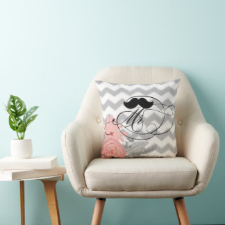 Groom Mustache Mr Coral Grey Zig Zag Floral Throw Pillow
