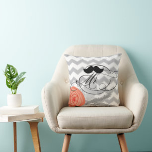 Groom Mustache Mr Coral Grey Zig Zag Floral Throw Pillow