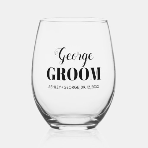 Groom name black typography wedding stemless wine glass