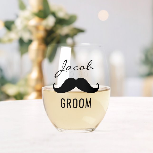 Groom Name Mustache Wedding Date Stemless Wine Glass (Insitu (Wedding))