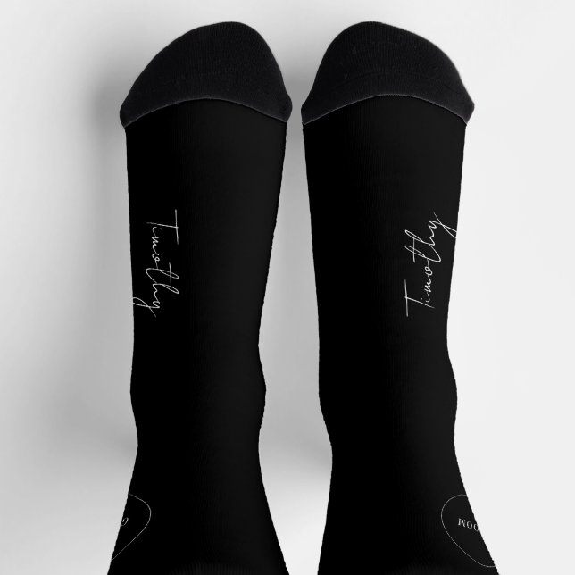 Groom name script personalized black wedding socks (Top)