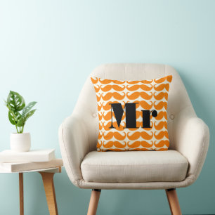 Groom Orange and Ivory Mr Mustache Patten Throw Pillow