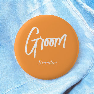 Groom Orange White Script Wedding  Button