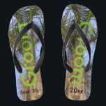 Groom Palm Trees Blue Sky Flip Flops<br><div class="desc">Cool Palm Trees with a Pretty Blue Sky in the background Unisex Flip Flops with Groom written in a nice green color text, and Date of Marriage in black text. PERSONALIZE with your Wedding DATE (or delete text). Feel the ocean breeze and tropics beneath your feet. Shown with Wide Black...</div>