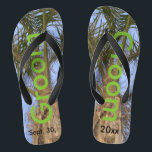 Groom Palm Trees Blue Sky Flip Flops<br><div class="desc">Cool Palm Trees with a Pretty Blue Sky in the background Unisex Flip Flops with Groom written in a nice green color text, and Date of Marriage in black text. PERSONALIZE with your Wedding DATE (or delete text). Feel the ocean breeze and tropics beneath your feet. Shown with Wide Black...</div>