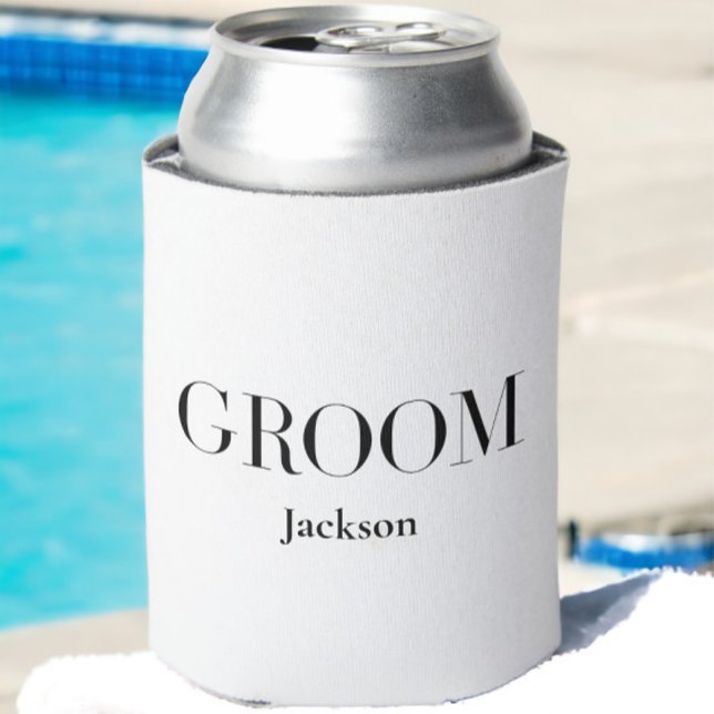 Groom Personalized White Black Modern Simple Can Cooler (Creator Uploaded)