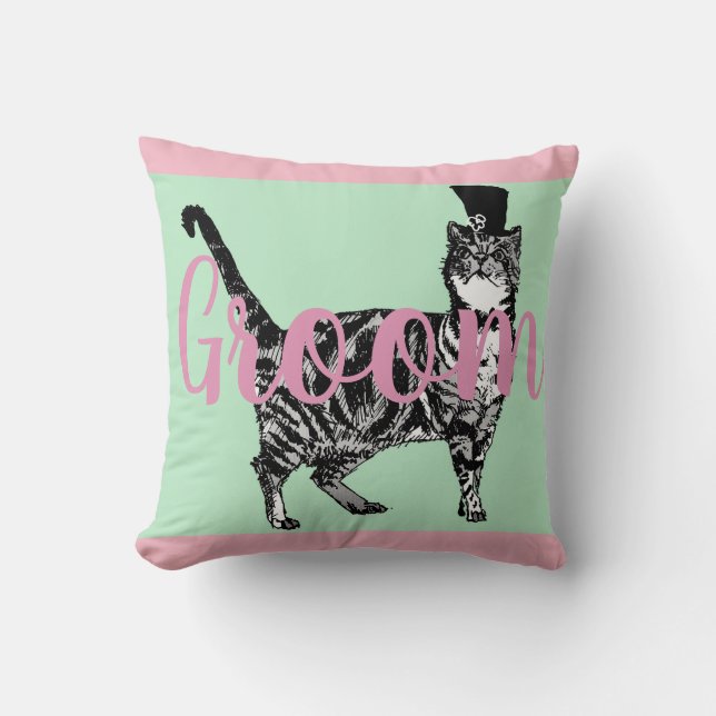 Groom Pink Tabby cat floral Wedding Decor Cushion (Front)