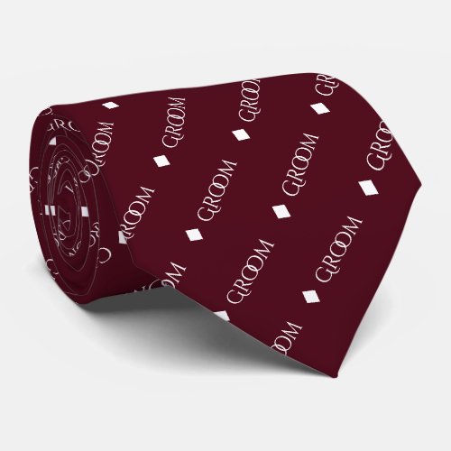 Groom _ Repeating White Text on Burgundy Neck Tie