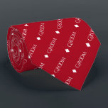 Groom - Repeating White Text on Red Neck Tie<br><div class="desc">This fun neck tie is the perfect accessory for the groom at your wedding. It features a simple yet elegant design with the word "Groom" written in a decorative all capital white font, and repeating in a diagonal pattern with diamond separators on a red background. Perfect for adding a unique...</div>