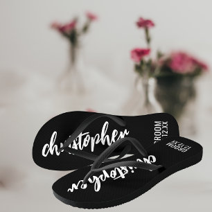 Groom Script Name Wedding Date Black Flip Flops