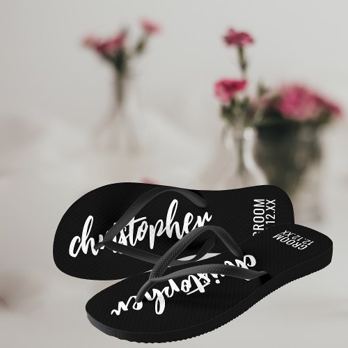 Groom Script Name Wedding Date Black Flip Flops