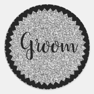 Groom Silver Glitter Classic Round Sticker Custom