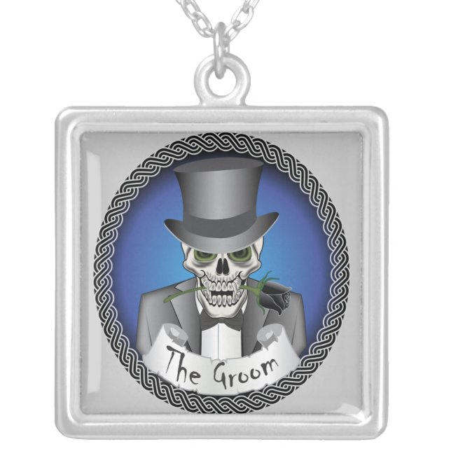 Groom Skull - Blue Silver Plated Necklace (Front)