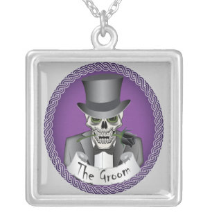 Groom Skull - Purple Silver Plated Necklace