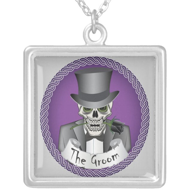 Groom Skull - Purple Silver Plated Necklace (Front)