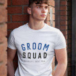 Groom Squad | Modern Bachelor Groomsman Stylish T-Shirt<br><div class="desc">Cute, simple, stylish "Groom Squad" quote art mens t-shirt with modern, minimalist typography in black and navy blue in a cool trendy style. The slogan, name and role can easily be personalized with the names of your grooms squad, for example, groom, best man, groomsman, Father of the Groom, Page Boy...</div>