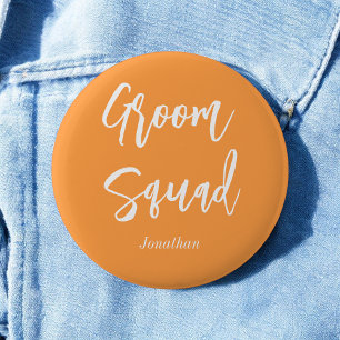 Groom Squad Orange White Wedding Button