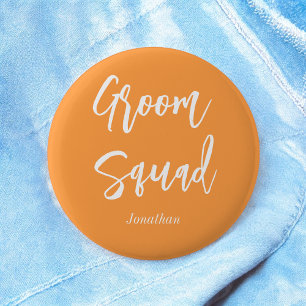Groom Squad Orange White Wedding Button