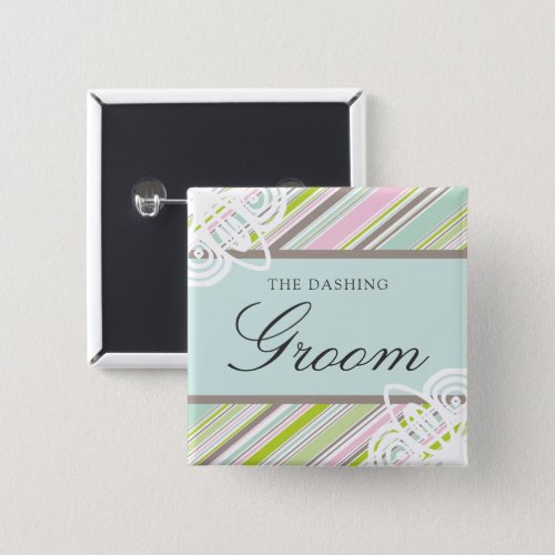 GROOM Sweet Garden Stripes Chic Wedding Name Tag Pinback Button