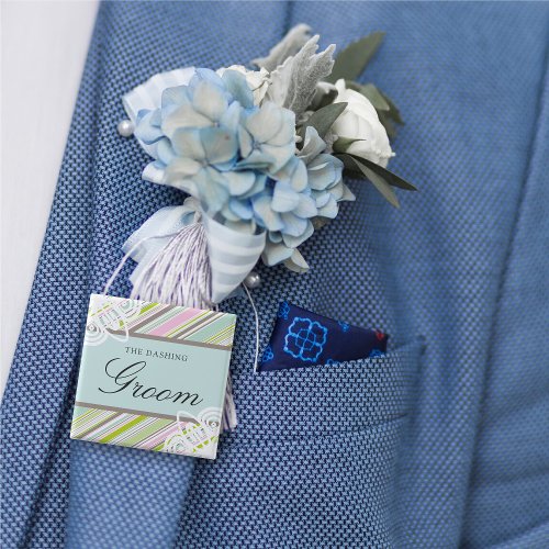 GROOM Sweet Garden Stripes Chic Wedding Name Tag Pinback Button