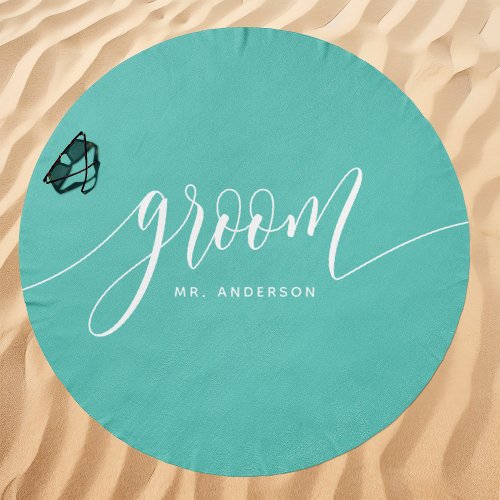 Groom Teal And White Custom Name Beach Towel