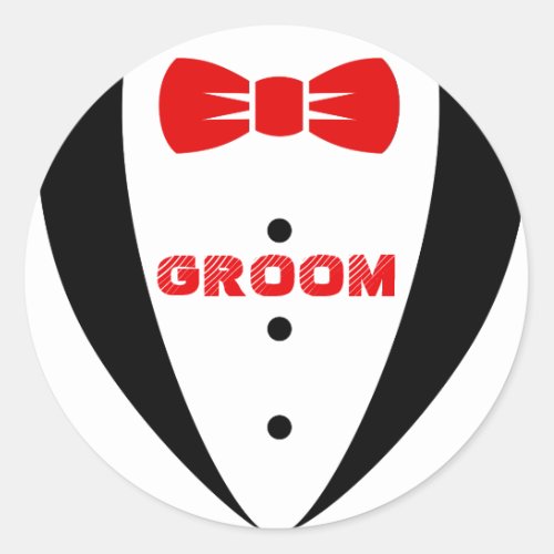 Groom Tex_Black Tuxedo  Red Bowtie Classic Round Sticker