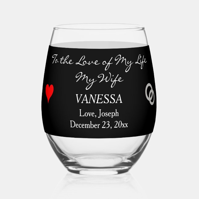 Groom to Bride Black Red Heart Stemless Wine Glass (Front)