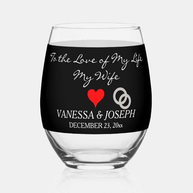 Groom to Bride Black Silver Rings Red Heart Stemless Wine Glass (Front)