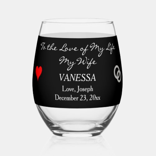 Groom to Bride Monogram Black Red Heart Stemless Wine Glass