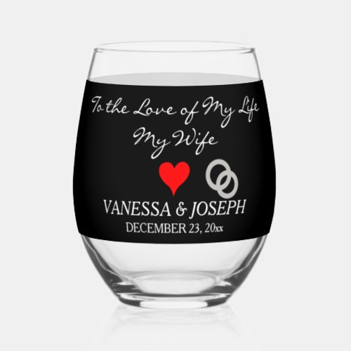 Groom to Bride Monogram Black Silver Rings Stemless Wine Glass